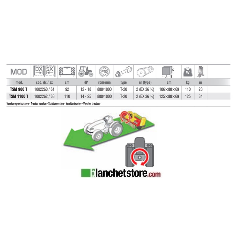 TRINCIA FISSA ZANON TSM 900 T PER TRATTORE 12-18HP CM 92 A COLTELLI - ROTAZIONE DESTRA 1002260