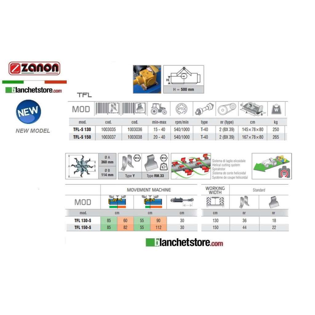 TRINCIAERBA E SARMENTI CON SPOSTAMENTO MANUALE ZANON TFL-S 130 PER TRATTORE 15-40HP CM 130 A COLTELLI - ROTAZIONE DESTRA 1003035