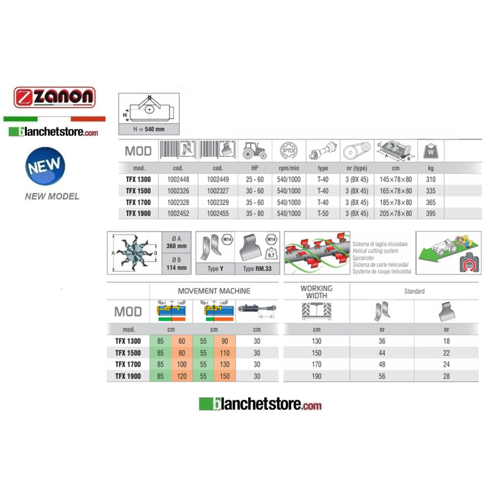 TRINCIAERBA E SARMENTI CON SPOSTAMENTO MANUALE ZANON TFX 1300 PER TRATTORE 25-60HP CM 130 A COLTELLI - ROTAZIONE DESTRA 1002448